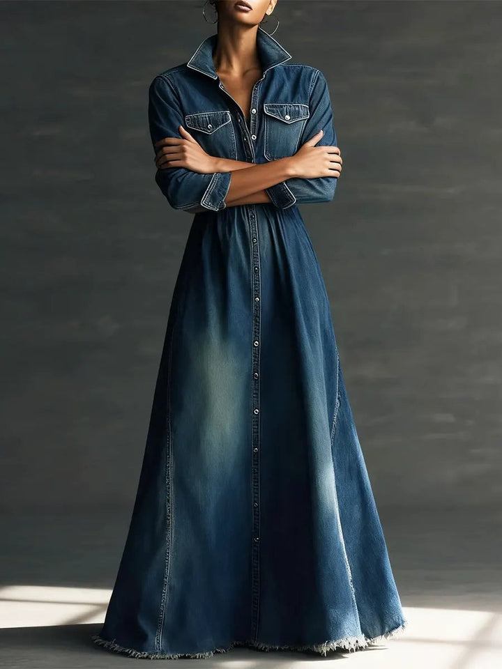Robe midi en jean délavé à col montant