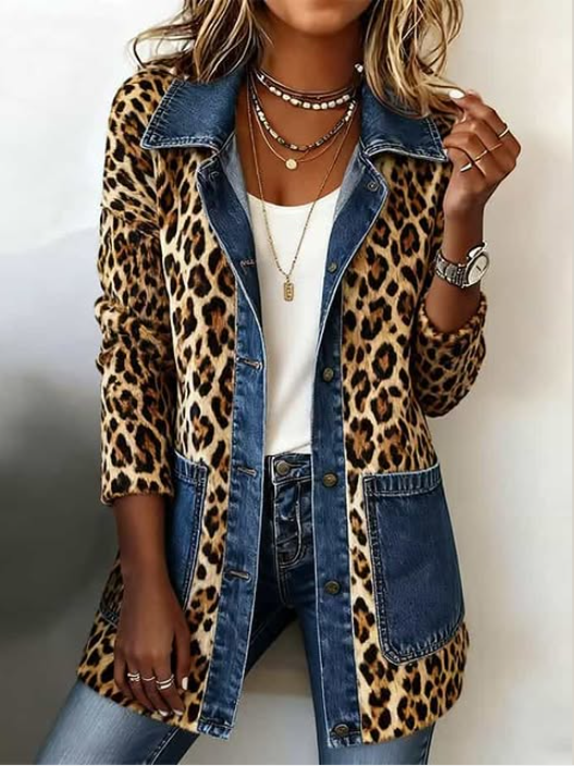 Maria™ | Long Contrast Denim Jacket with Leopard Print