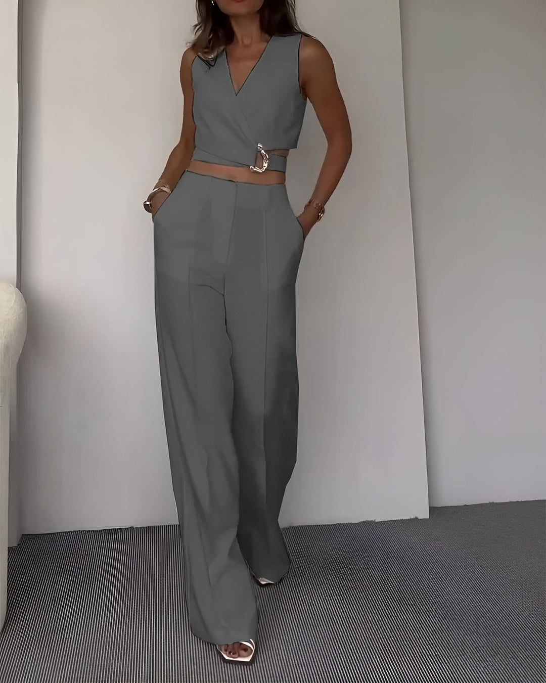 Ensemble - Gilet Sans Manches Et Pantalon Taille Haute
