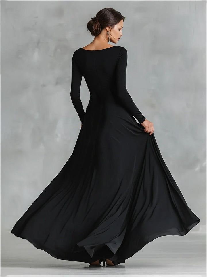 Robe longue en crêpe froncée à col bateau