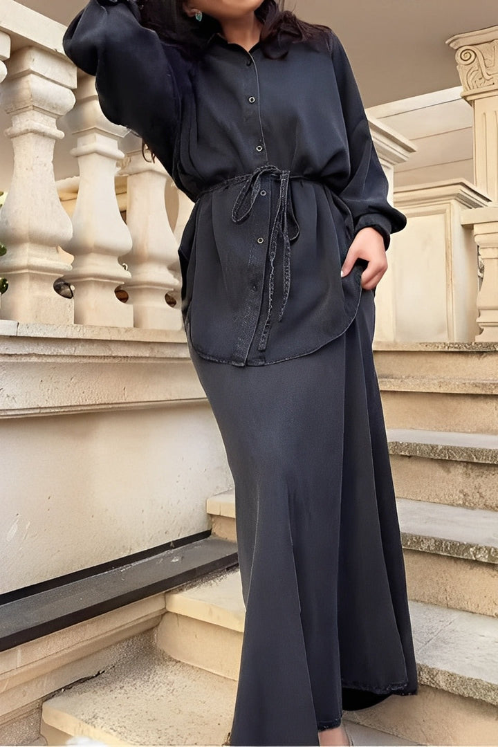 Ensemble chemise et jupe à manches longues avec cordon de serrage