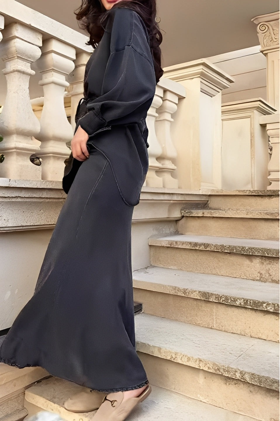 Ensemble chemise et jupe à manches longues avec cordon de serrage