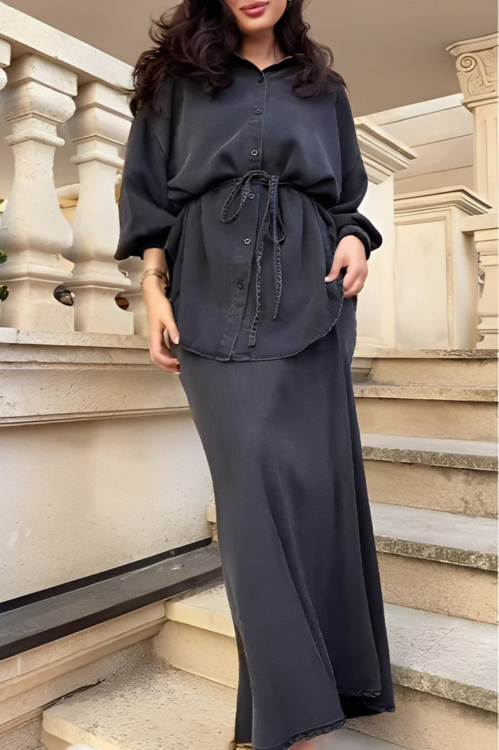 Ensemble chemise et jupe à manches longues avec cordon de serrage