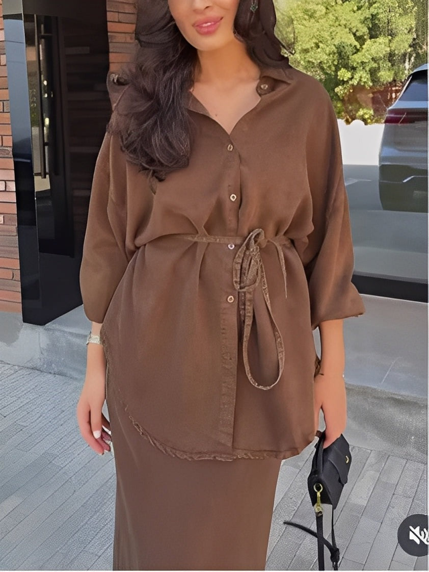 Ensemble chemise et jupe à manches longues avec cordon de serrage