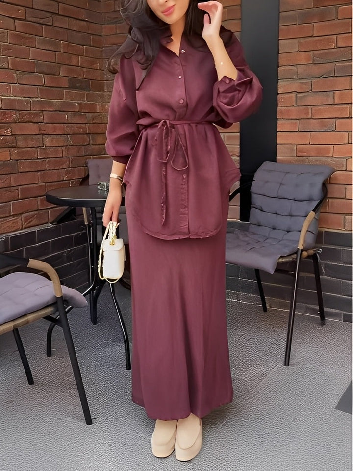 Ensemble chemise et jupe à manches longues avec cordon de serrage