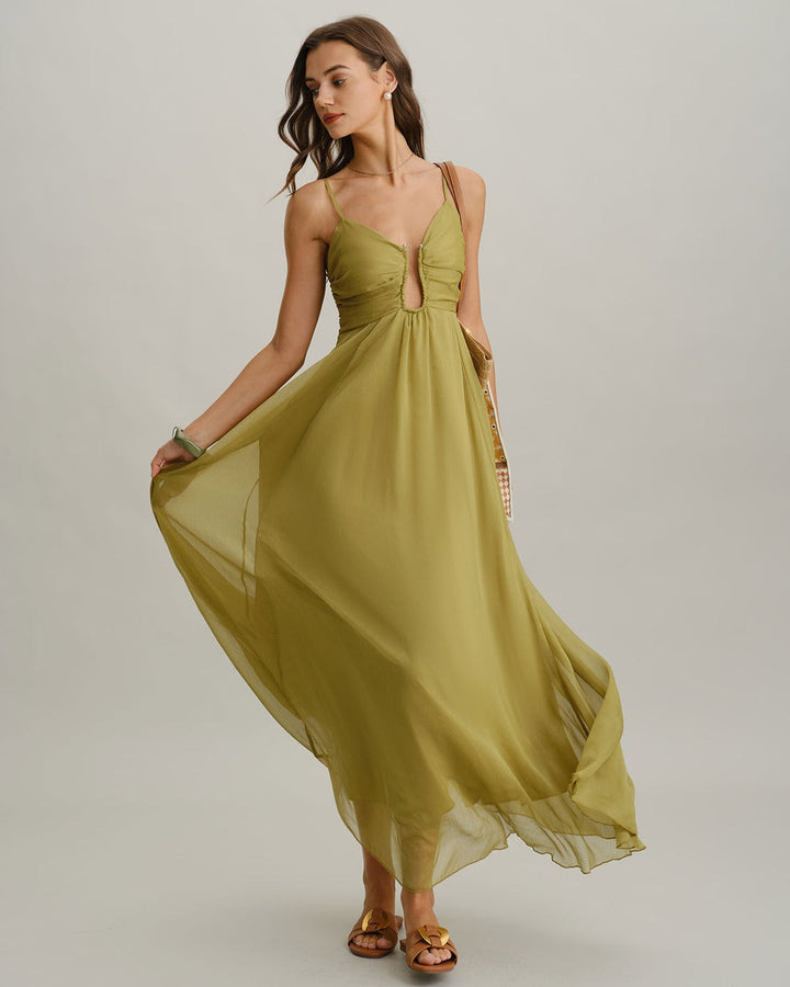 Robe longue nuisette verte froncée
