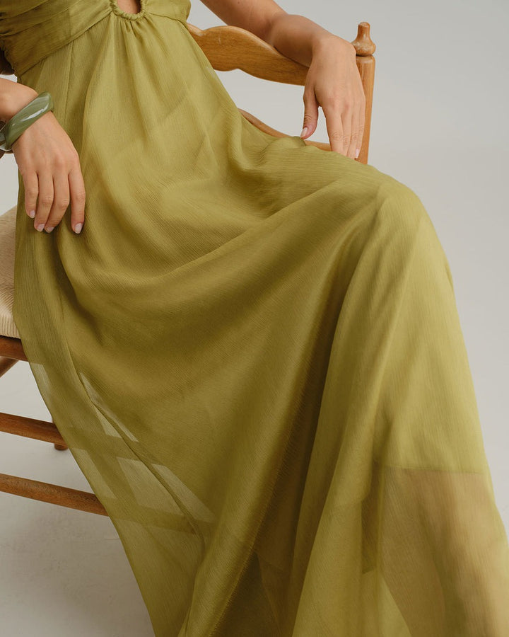 Robe longue nuisette verte froncée