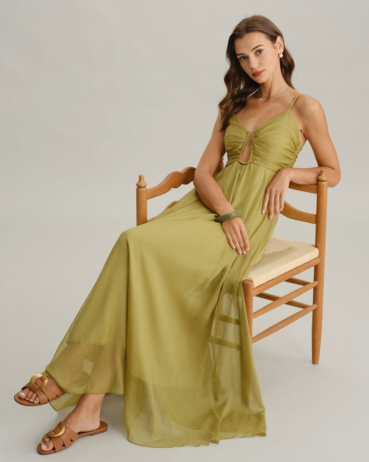 Robe longue nuisette verte froncée