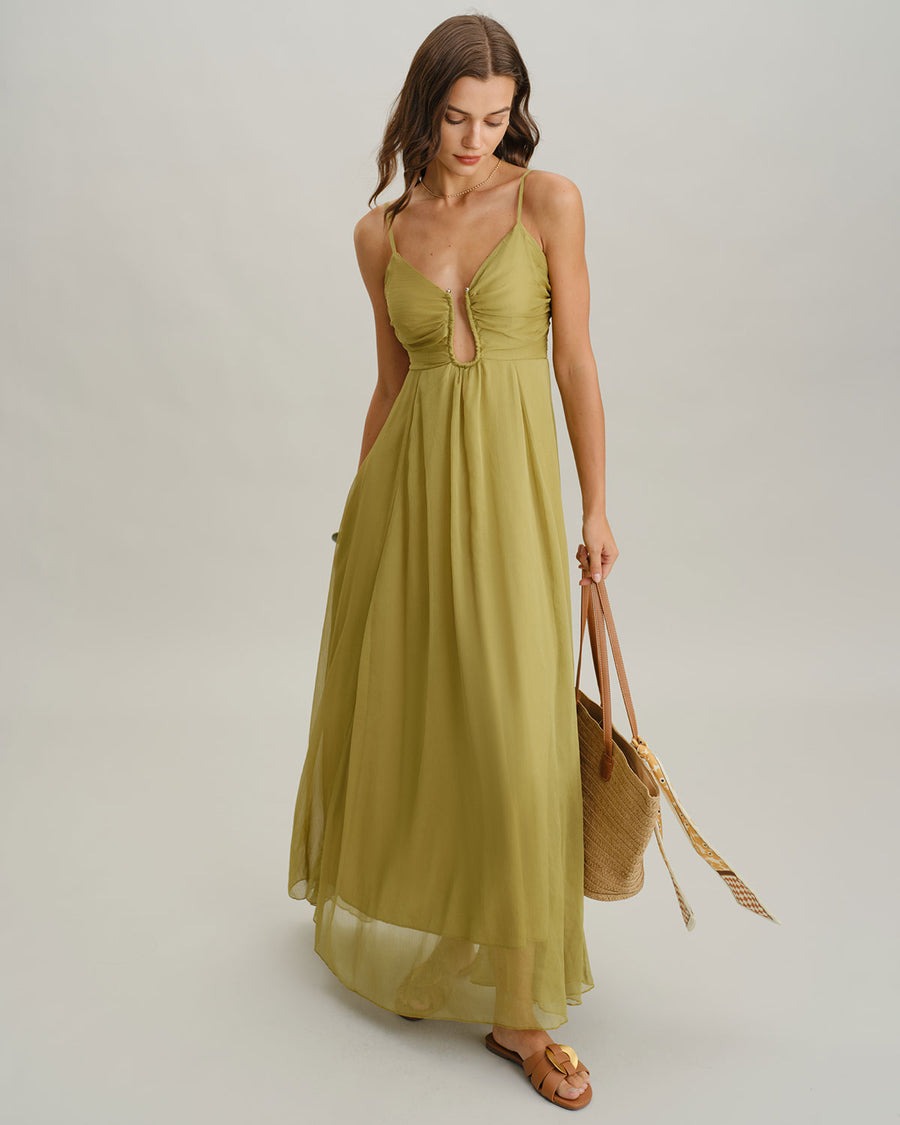 Robe longue nuisette verte froncée