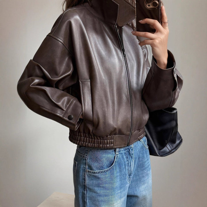 Victoria | Chaqueta Bomber de Cuero Sintético para Mujer con Cierre de Cremallera y Manga Larga