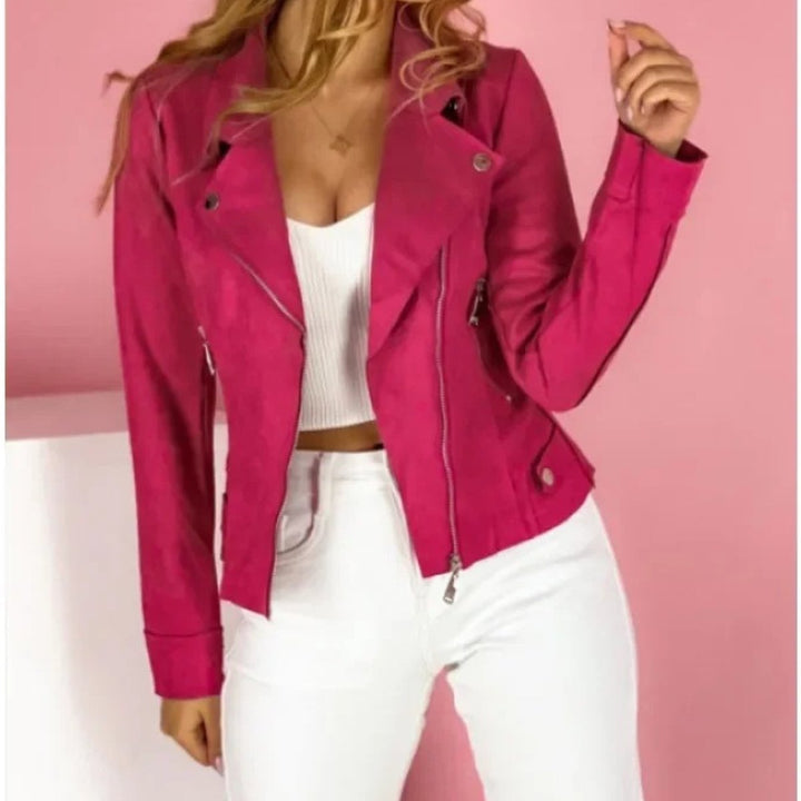 Layla | Chaqueta de Cuero Sintético para Mujer con Cuello Convertible y Cierre Tipo Moto