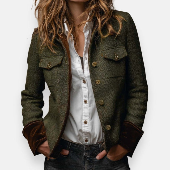Victoria | Chaqueta de Tweed de Espiga Estilo Militar para Mujer con Botón Dorado