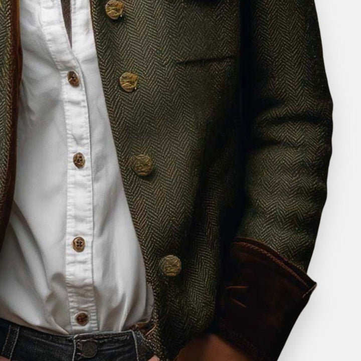 Victoria | Chaqueta de Tweed de Espiga Estilo Militar para Mujer con Botón Dorado