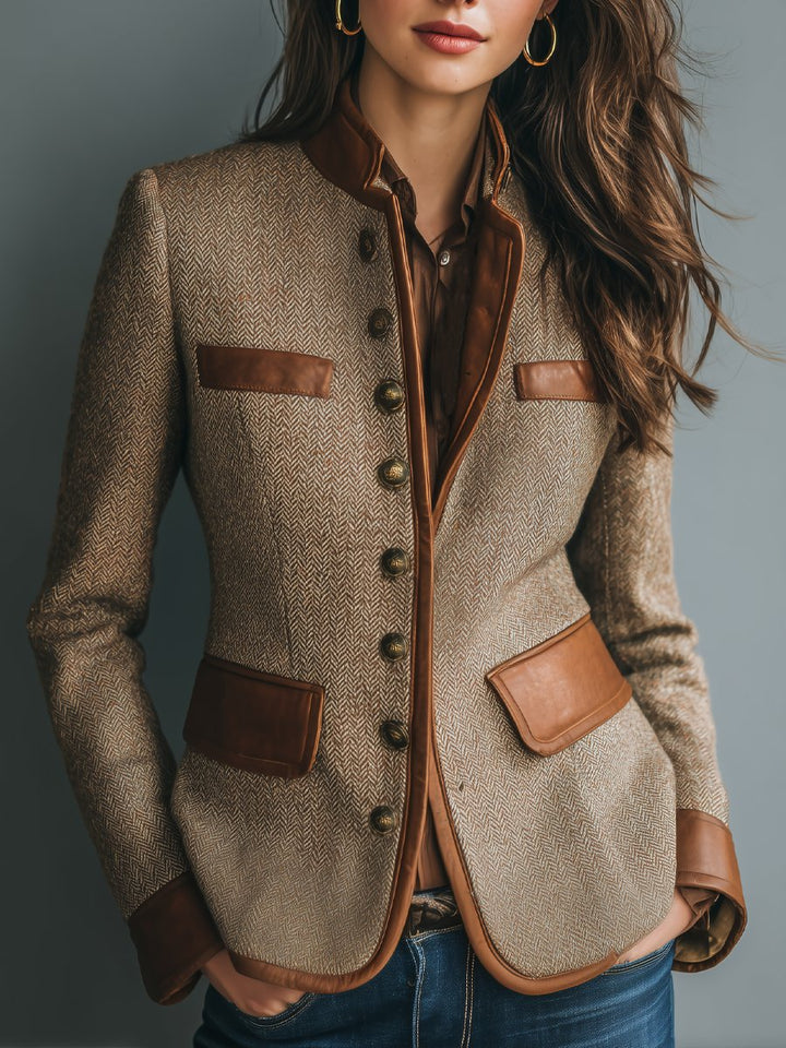Sophia | Chaqueta de Botones Frontal de Tweed Herringbone Vintage con Detalles de Cuero para Mujer