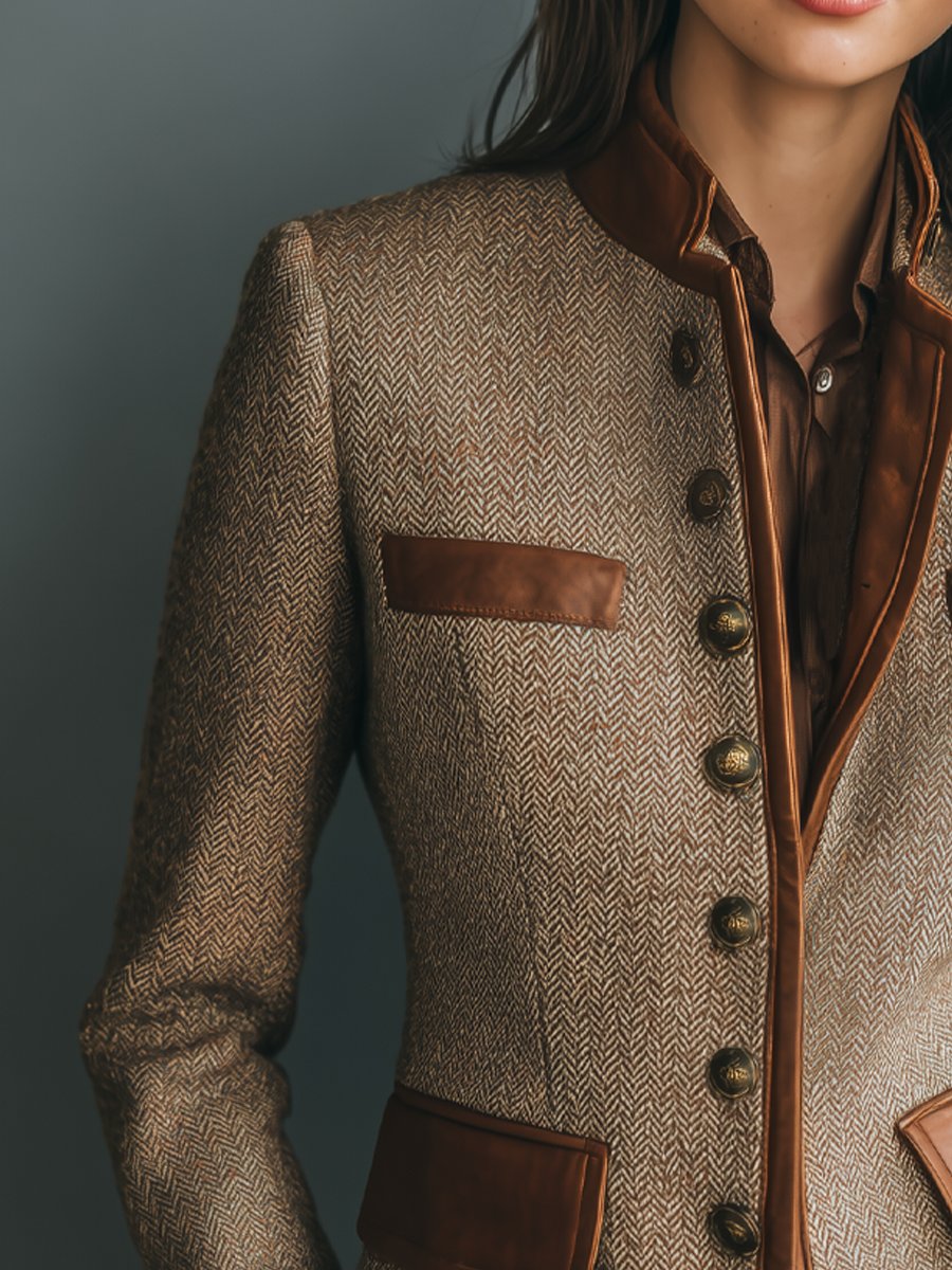 Sophia | Chaqueta de Botones Frontal de Tweed Herringbone Vintage con Detalles de Cuero para Mujer