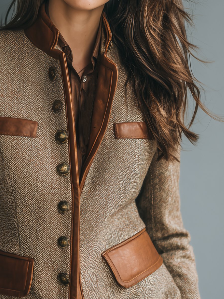 Sophia | Chaqueta de Botones Frontal de Tweed Herringbone Vintage con Detalles de Cuero para Mujer