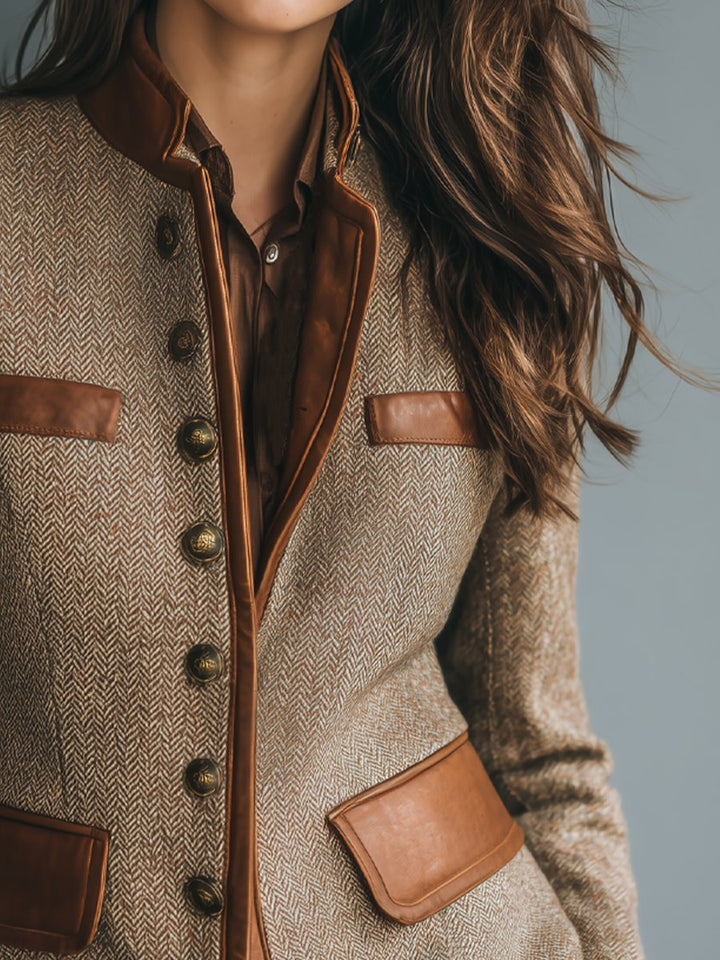 Sophia | Chaqueta de Botones Frontal de Tweed Herringbone Vintage con Detalles de Cuero para Mujer