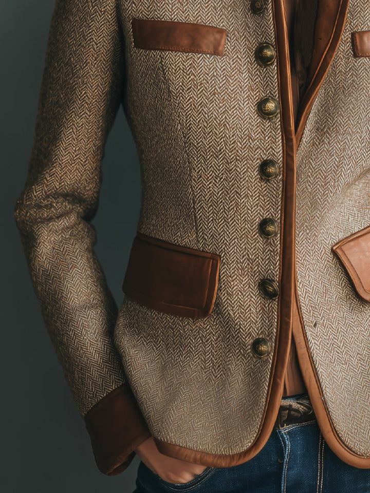 Sophia | Chaqueta de Botones Frontal de Tweed Herringbone Vintage con Detalles de Cuero para Mujer